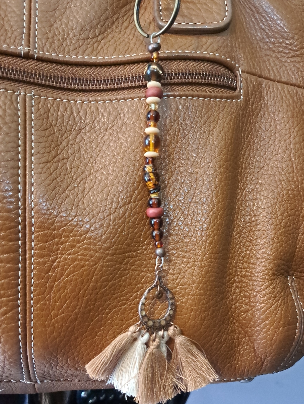 Hand Crafted Tan & Brown shades Women’s Tassel Accent Shoulder Bag Jewelry Charm